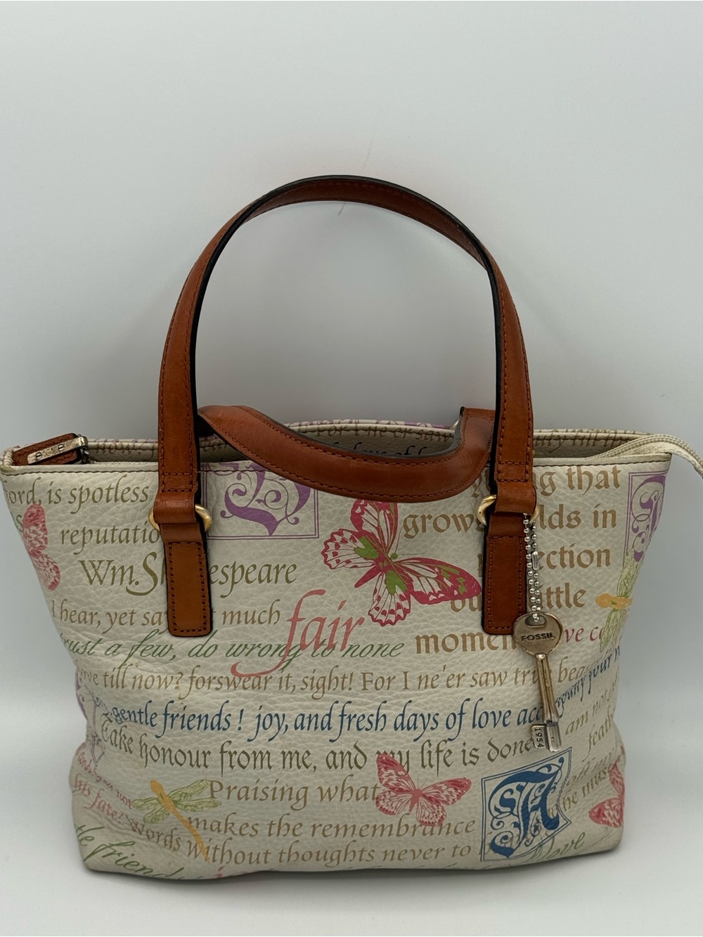 Fossil Vintage William Shakespeare Script Pebbled Leather Small Tote Handbag